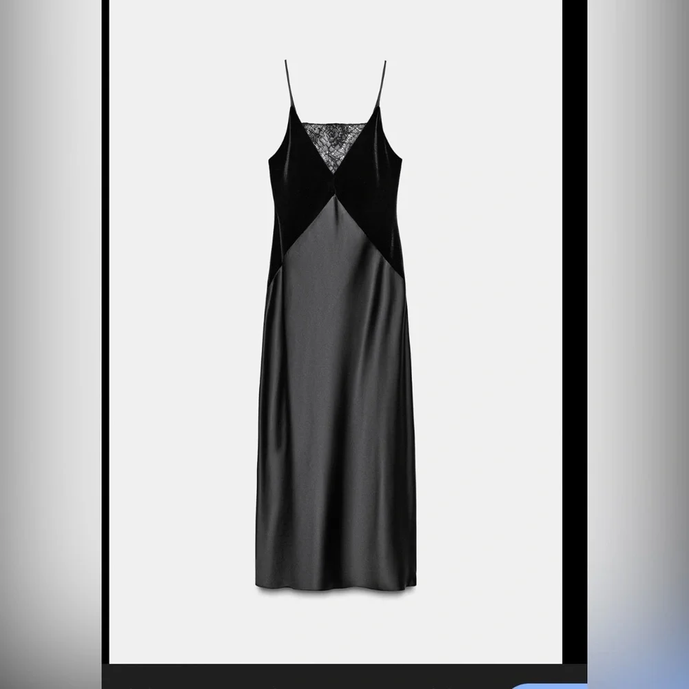 Zara Black Satin Midi Slip Dress with Lace Inset